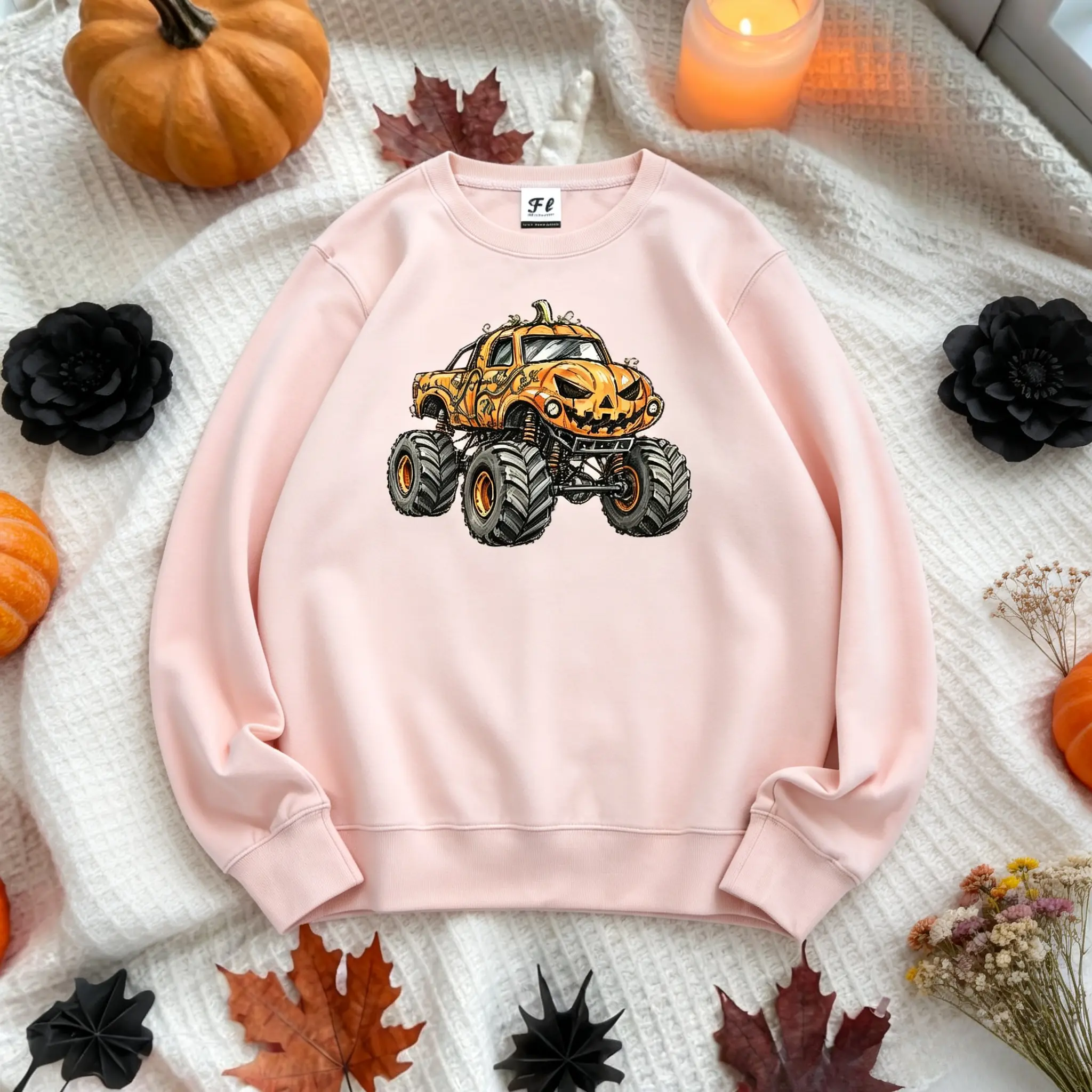 Women's Oversized Pumpkin Monster Truck Jack-O'-Lantern Graphic Sweatshirt - Unisex, Polyester Blend, Soft Lightweight Fleece, Loose Fit, All Seasons, Machine Wash Cold, Halloween Streetwear Top, Oversized Sweatshirt
