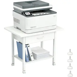 22inch x 15inch Under-Desk Rolling Printer Stand, Double-Layer Industrial Mobile Printer Desk, with Sturdy Fabric Drawer, Storage Shelf, Steel Frame and Lockable Wheels, Home Office Printer Cart (White): Office Supplies