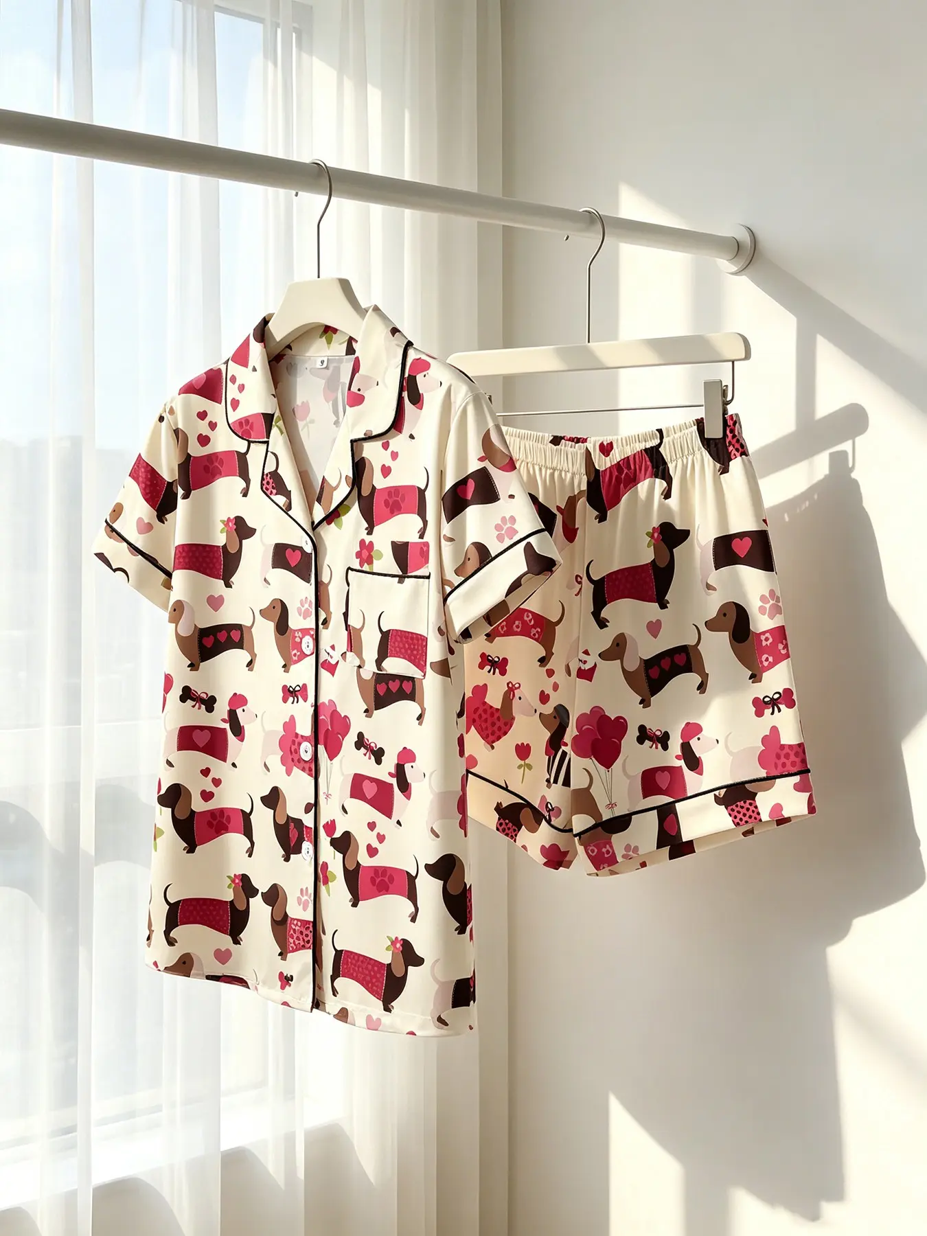 Women's Button-Down Short Sleeve Top & Shorts Pajama Set Pyjamas, White Dachshund Heart Bow Print, Black Piping, Spring Summer Wear, Loose Slim Fit, Playful Girly Cute Dog Print Loungewear, Nightwear