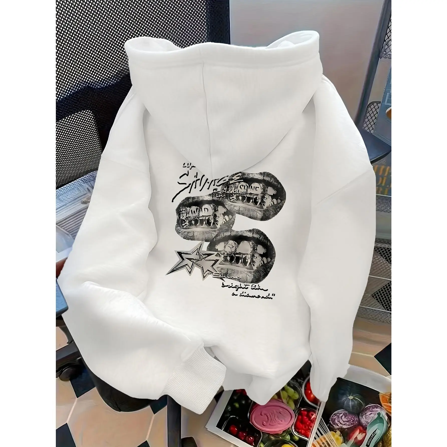 D92-A loose-fitting hooded sweatshirt, fashionable retro hooded sweatshirt with printed lips and letter pattern, suitable for spring and autumn, women's clothing L13861