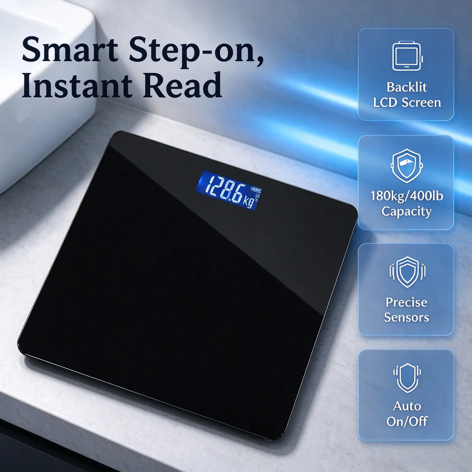 Black Digital Bathroom Scale, Smart Step-on Instant Read, Backlit LCD Screen, Max 180kg/400lb, Precise Weighing, Ultra-thin Tempered Glass, Auto On/Off, Energy Saving for Home Weight Tracking, Scales For Body Weight