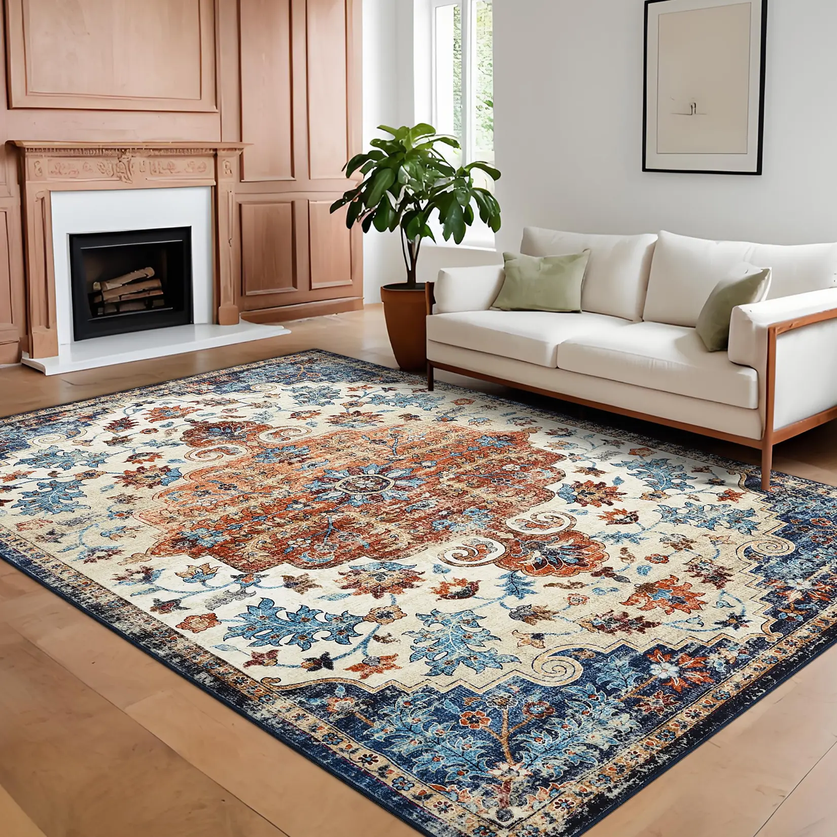 5*7ft/8*10ft/10*13ft Ultra-Thin Living Room Rug - Non-Slip, Non-Shedding Vintage Washable Rug with Stain-Resistant Oriental Medallion, Soft Foldable Indoor Carpet for Bedroom & Playroom