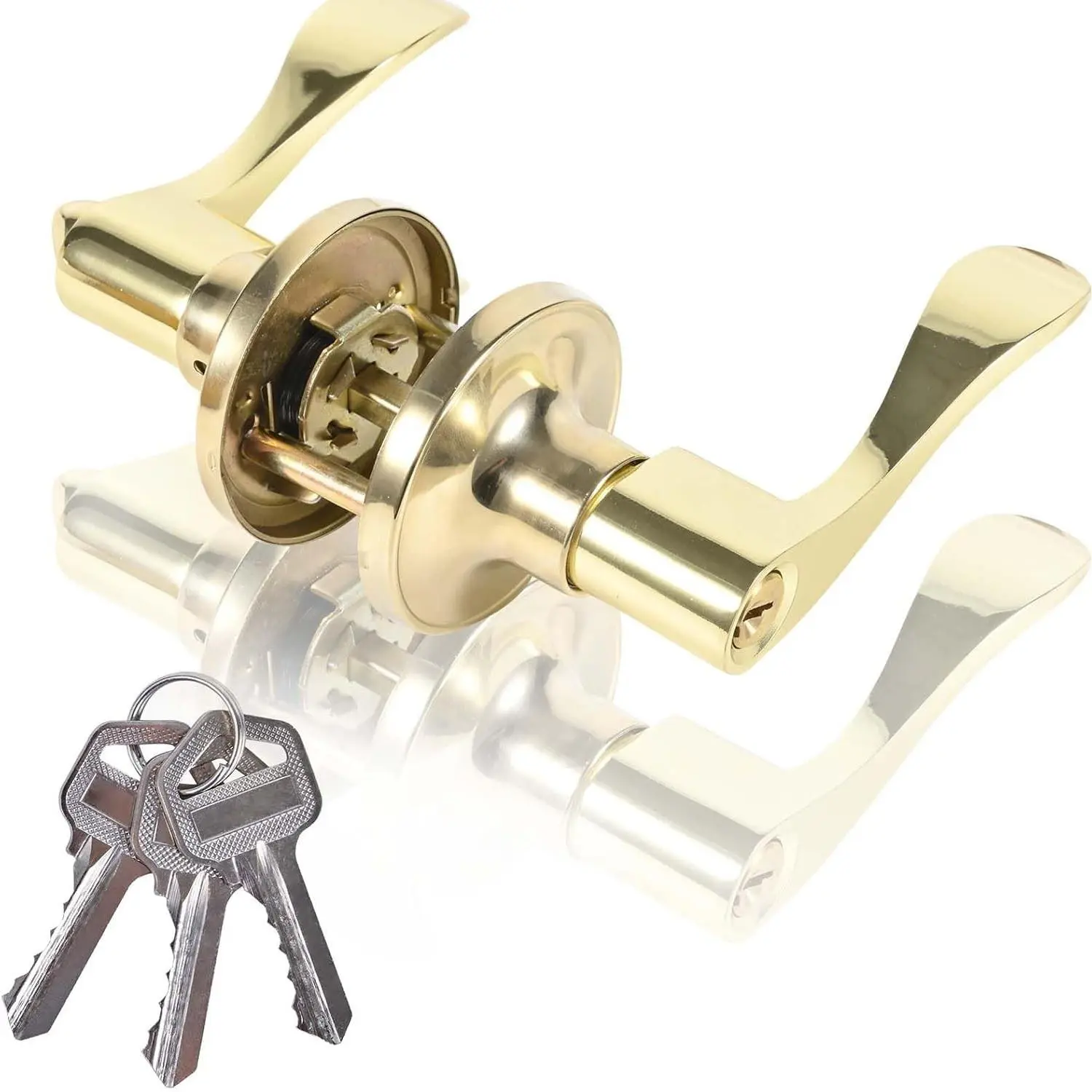 Gold High-Security Stainless Steel Lever Handle with Lock and Key for Interior Doors, Bedroom/Bath Indoor Use