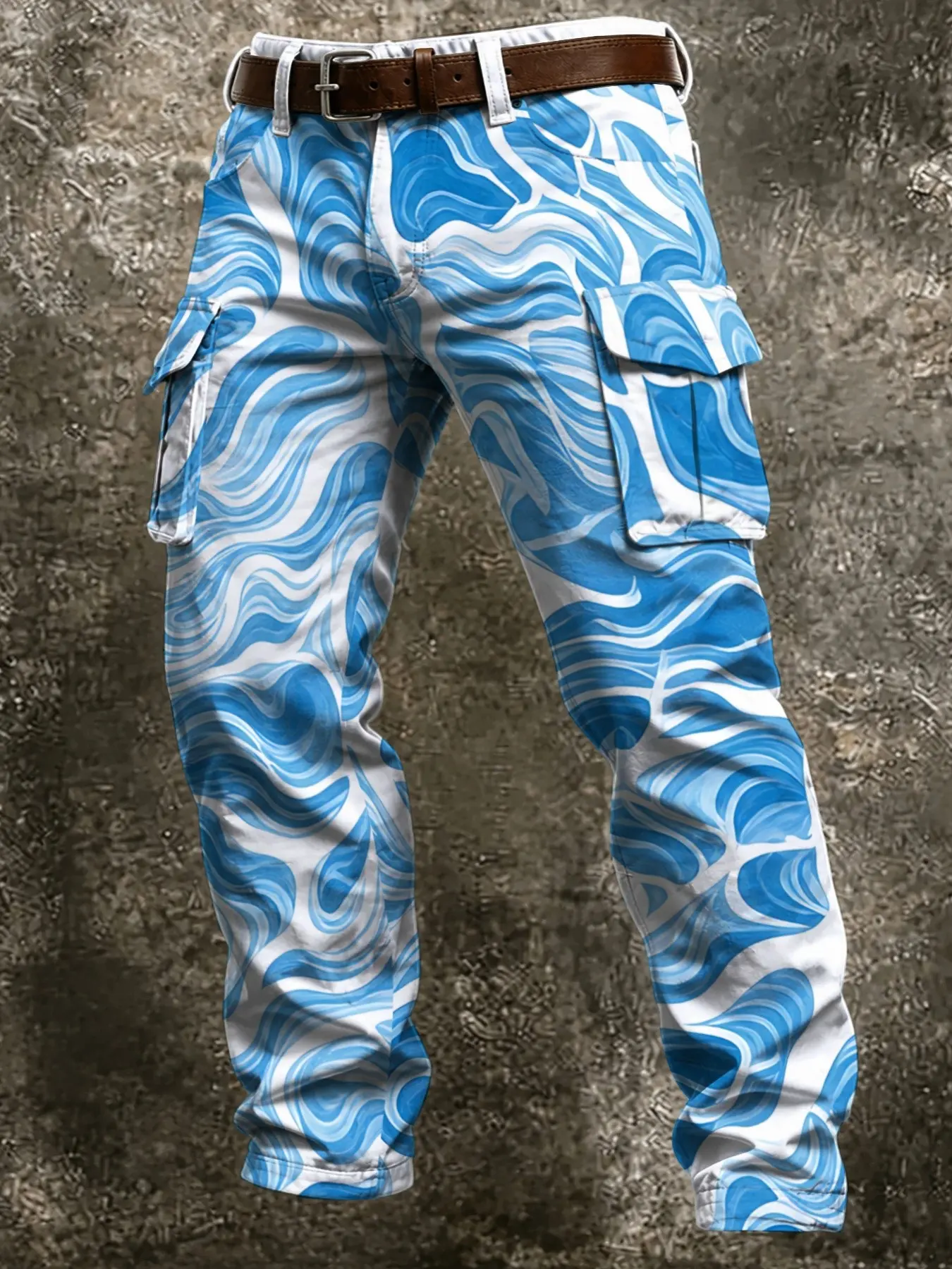 New Gradient Blue- Fluid Wave Full Print Work Pants, Swirl Sea Wave Marble Print, Dual Side Pockets, Men's Casual Summer Beach Pants