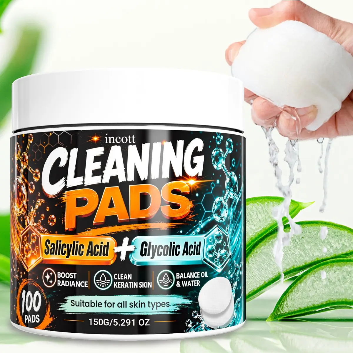 Salicylic Glycolic Pads, Glycolic Acid Pads, Facial Radiance Pads, Clean Skin, Balance Water & Oil, Moisturize，Unclog Pores, Exfoliate Dead Skin, Soothe With Aloe, Aloe Vera ， Gentle Enough For Daily Use. 100 Pads – Your All-In-One Toner Pad