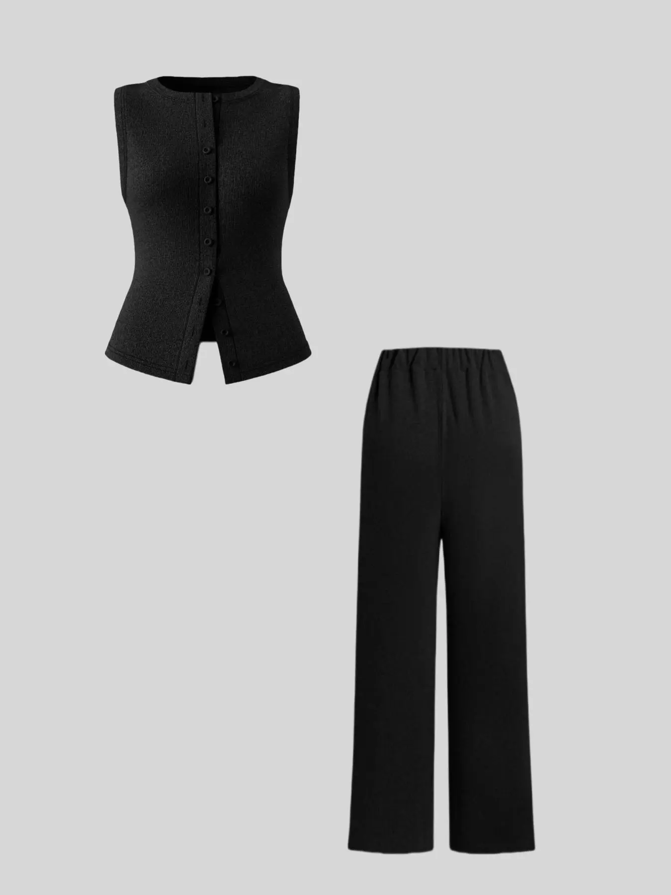 Two-Piece Set Women's Solid Button Front Crop Vest Blazer & Wide Leg Pants, Casual Sleeveless Top & Trousers for Summer, Ladies Clothes for Work Office Business Suits, Blazer Outfits, Womenswear