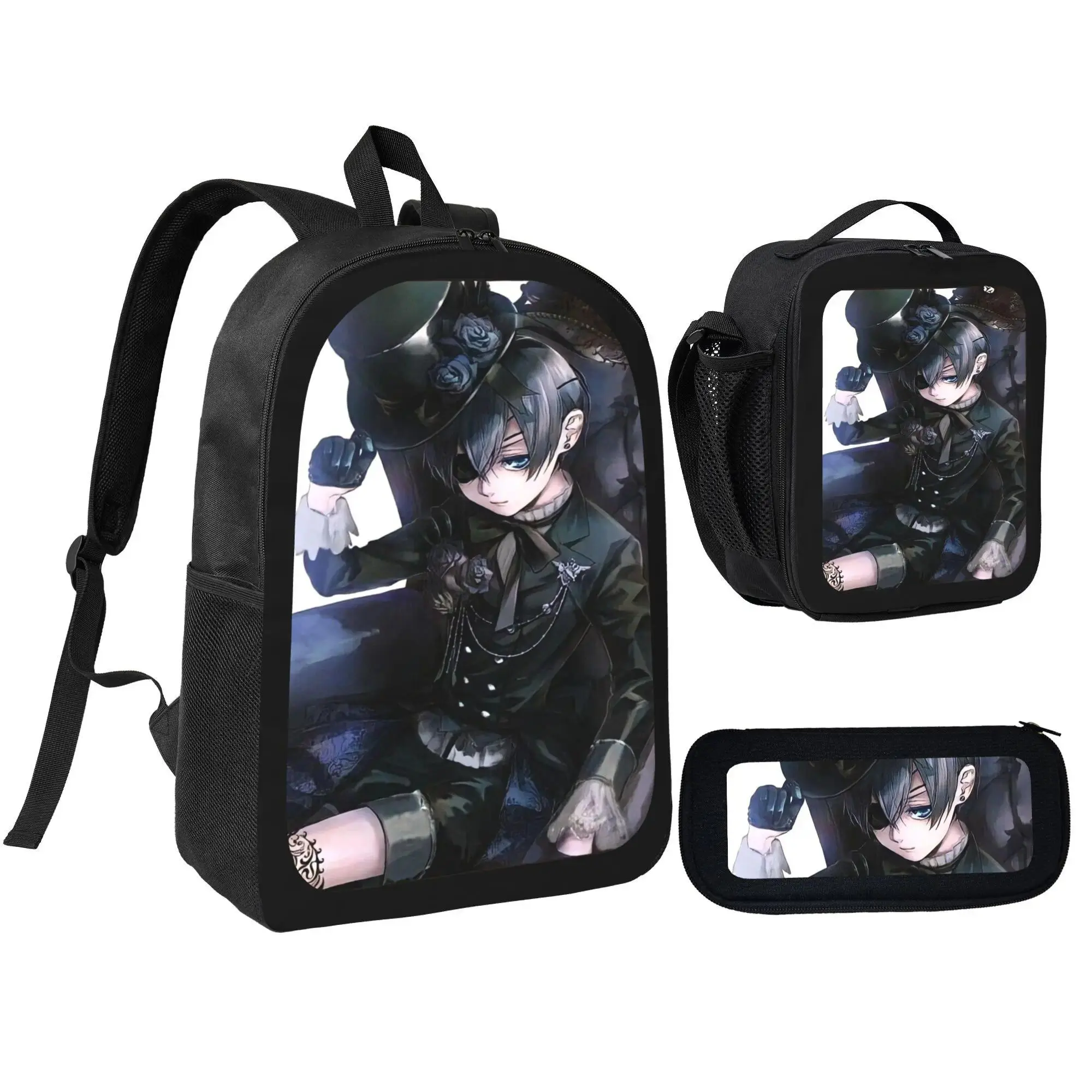 Black Butler Anime Character Art Backpack Set - 3-in-1 Synthetic Zipper Daypack Combo with Insulated Lunch Bag, Pencil Case, Chain Strap, Adjustable Lightweight School Bag for Kids, Birthday/Holiday Gift