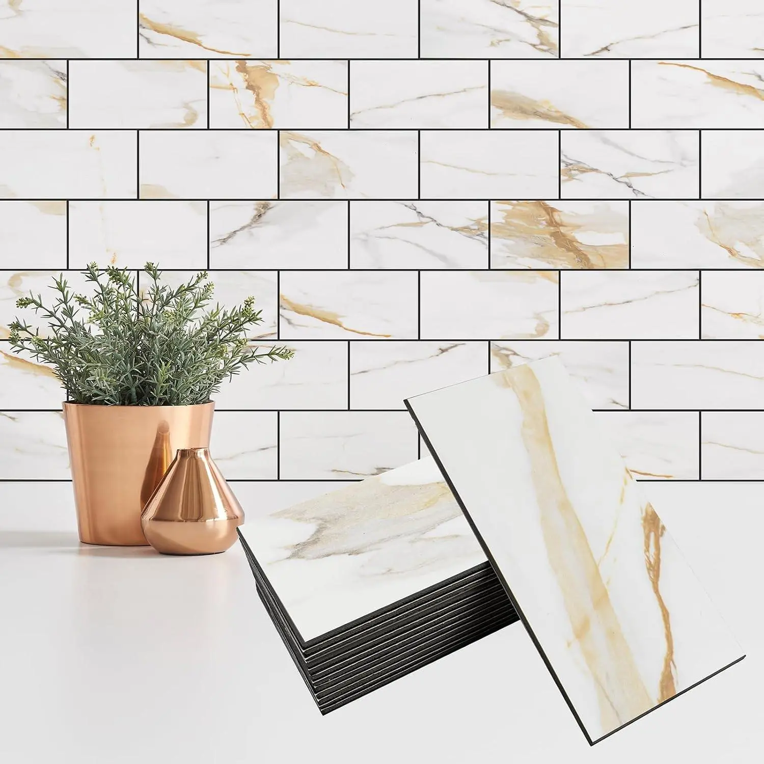 Modern Peel-Stick Backsplash Tiles, 4-Count 3x6 in Heat-Resistant PVC Polymer Subway Tiles with Dark Gray Grout, Upgraded Calacatta Marble Look for Kitchen, Bath