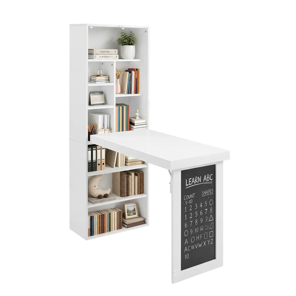[Fahuac] Modern Wall-Mounted Fold-Out Desk with Shelf & Chalkboard, White MDF Cabinet Writing Table for Small Spaces Office Commercial Furniture