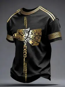 Mexican Ethnic Style Men's Round Neck Short Sleeve T-Shirt, Gold Aztec Eagle, Mayan Totem, Breathable Loose Fit Top