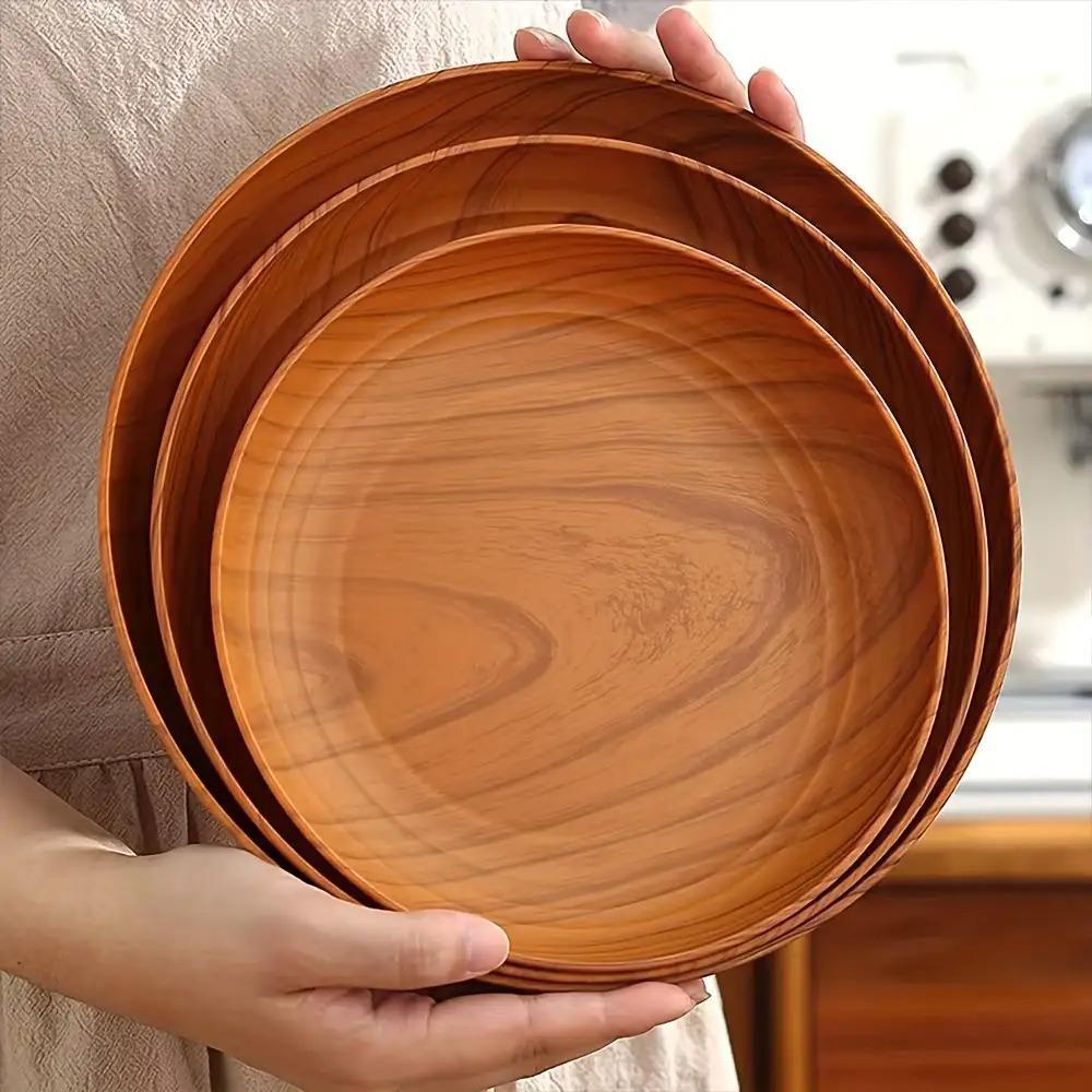10 creative wood-pattern plastic plates with circular stripe design, high-quality and lightweight, suitable for home use, dessert shops, commercial snack and fruit trays, cup and plate storage, cake and dessert serving plates