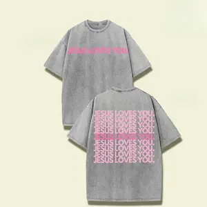 Unisex 230G Washed T-Shirt - "Jesus Loves You" Religious Pattern, Pink/Green Double-Sided Print, Crew Neck Church/Casual Wear Machine Washable Gift