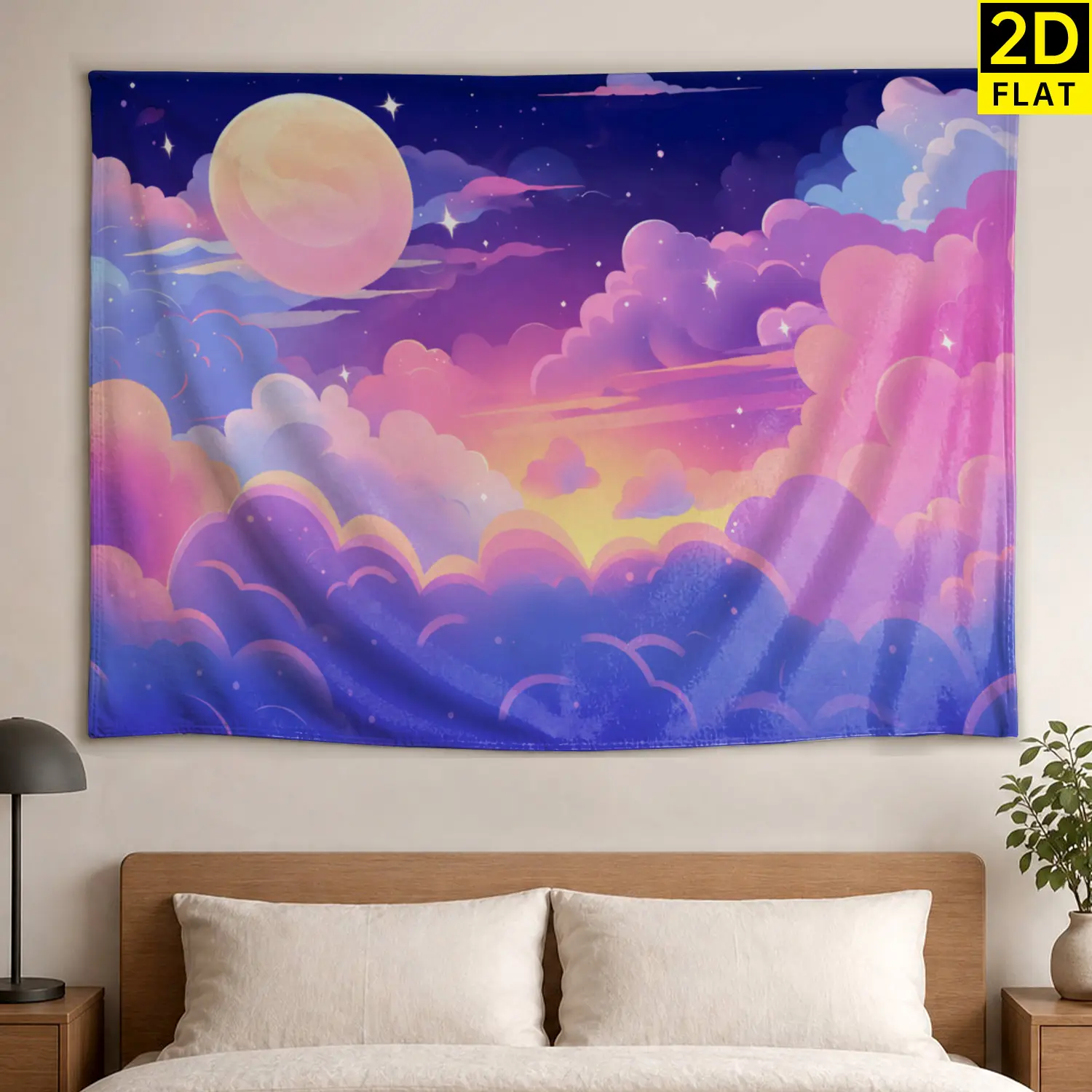 Dreamy Purple Moon Clouds Sky Polyester Wall Tapestry - Large Horizontal Printed Wall Hanging, Holiday Decoration Artwork for Bedroom Room Decorations, No-Installation Indoor-Outdoor Gift for Family