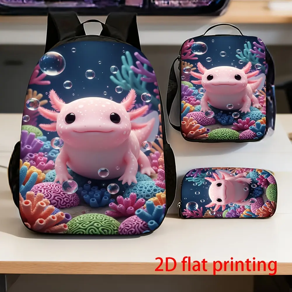 3pcs Cute Pink Axolotl Coral Printed Surface Backpack Set, Retro Chic Backpacks for School, Ideal for Daily Travel & Outdoor Activities, Organized Slots, School Travel