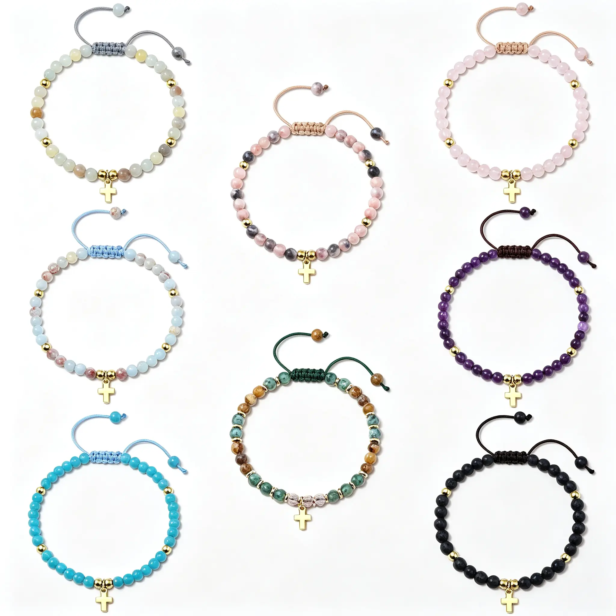 Women's 8PCS Beading Cross Bracelet Set - 4mm Adjustable Size Christian Stone Jewelry with Cross Charm, Daily Use Baptism Easter Gift