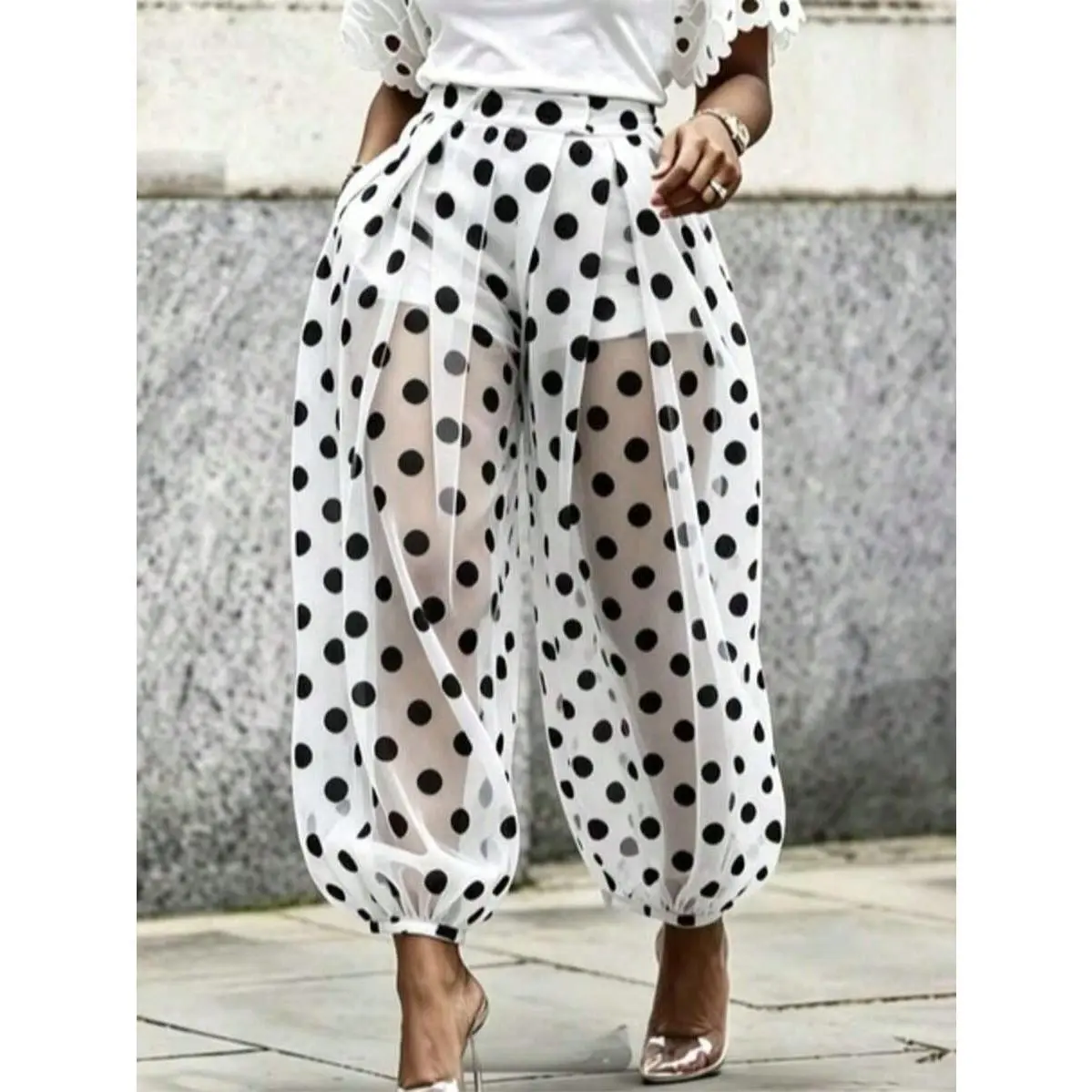 Summer Women Black White Polka Dot Sheer Mesh Cuffed Ankle High Waist Pants Built-In Lined Loose Vacation Street Casual Trousers