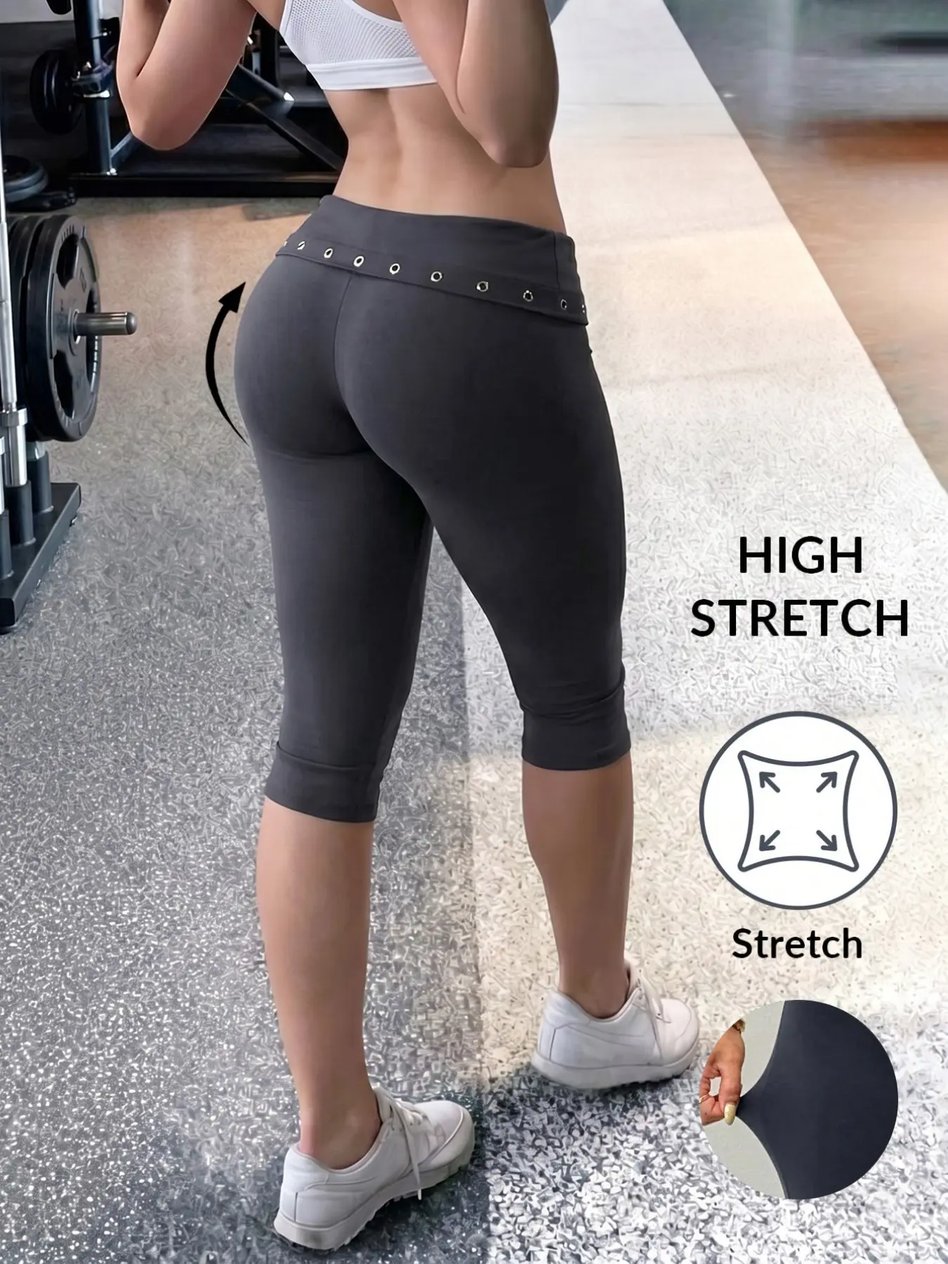 Dark Gray High Waist Capri Leggings Women Slim Fit Stretch Cropped Pants Metal Eyelet Waist Tummy Control Pedal Pusher Pants Summer Casual Y2K Streetwear Going Out Pants