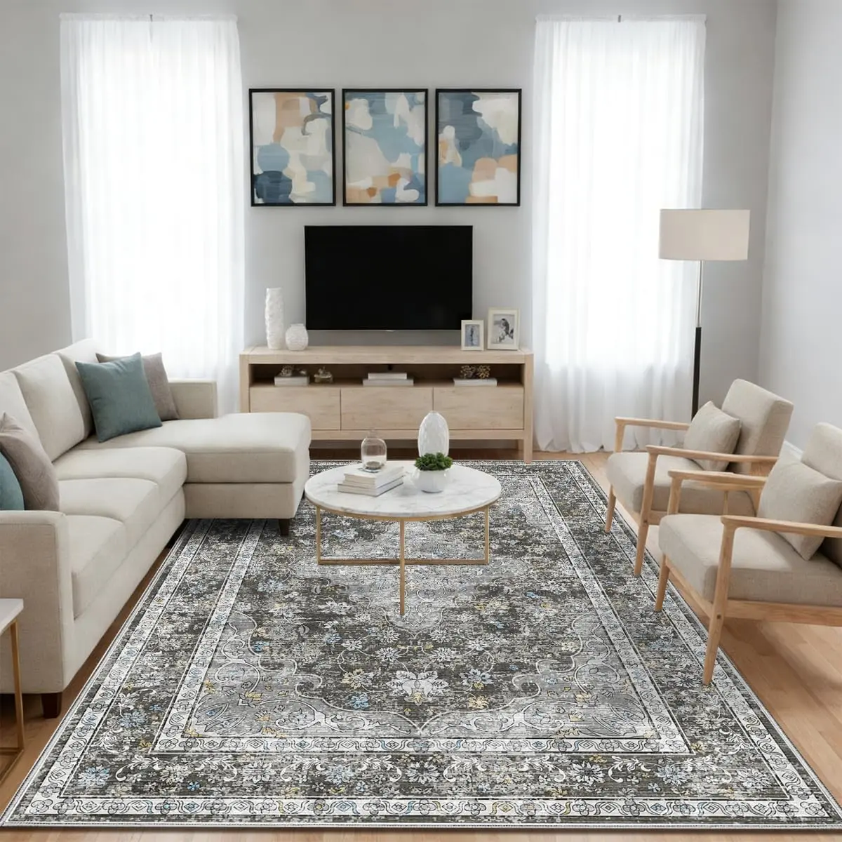 5x7 Area Rugs, Washable  Rug for Living Room and Bedroom, Non-Slip Distressed Print Carpet, Traditional  Decor for Entryway, Office, ,Dusk Gery​