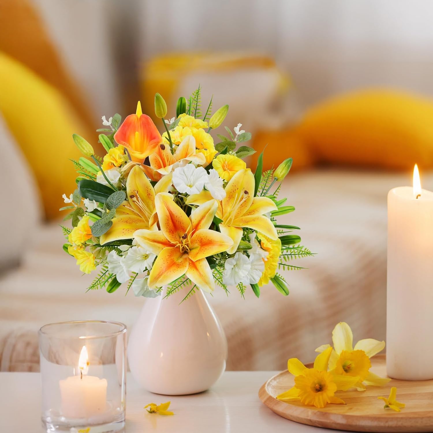 Yellow Flowers Bouquet 11 Stems Artificial Tiger Lilies Mixed Faux Morning Glory Calla Lily; Fake Flowers Spring Decorative Flowers Floral Arrangement for