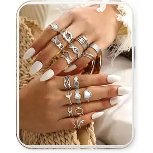 16Pcs Stackable Stainless Steel Rings for Women Chunky Silver Rings Non Tarnish Ring Open Adjustable Thumb Finger Statement Ring Set