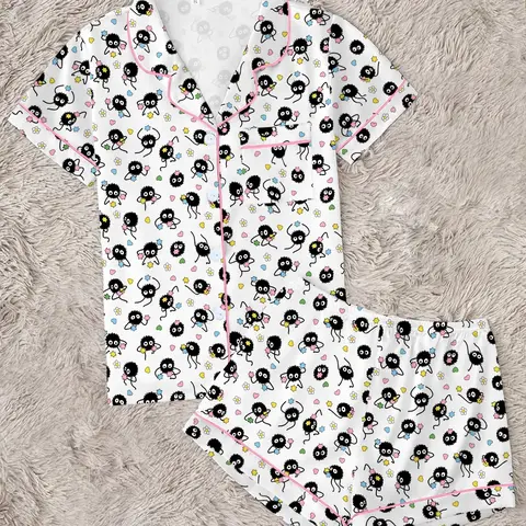 Women's Cartoon Print Pajama Set, Pajamas Sets, Comfortable Two-Piece Set, Short Sleeve Button-Up Top and Elastic Shorts, Casual Home Wear, Loungewear, Nightwear, Pjs, Party Gift
