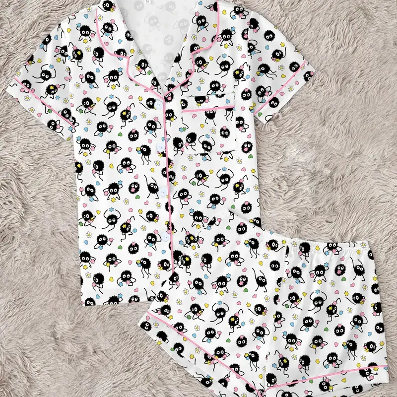 Women's Cartoon Print Pajama Set, Pajamas Sets, Comfortable Two-Piece Set, Short Sleeve Button-Up Top and Elastic Shorts, Casual Home Wear, Loungewear, Nightwear, Pjs, Party Gift