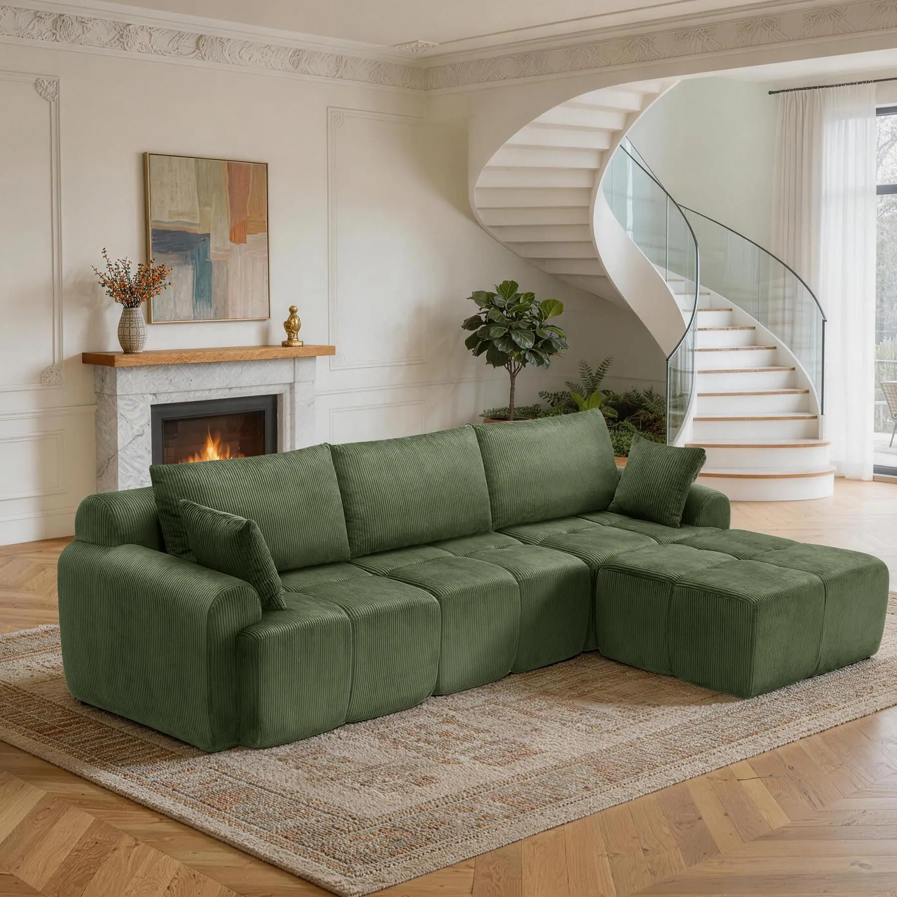 Garvee 118'' Modular Sectional Sofa with Corduroy Fabric, Deep Seat Memory Foam Cushioning, Sponge Compression Design, No Assembly Required, Available in Dark Green and Black for Living Room or Bedroom