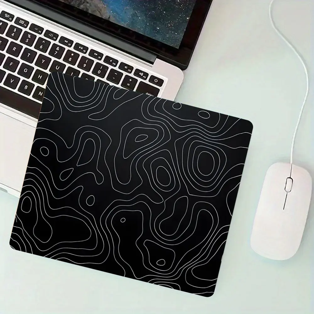 Minimalist Black Topographic Contour Small Square Mouse Pad, Stitched Lockedge Rubber Anti-Slip Protective Desk Mat, Ideal for Gamers, Office Workers & Home Desktop Decor, Aesthetic Office Supplies