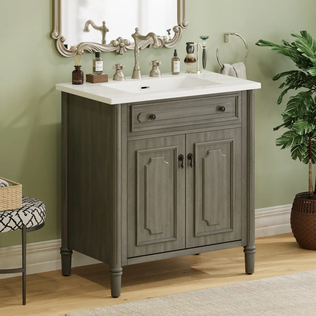 Aobtkel Christopher Knight Home  30-Inch Vintage Wood Bathroom Vanity with Sink, Sturdy Rustic Eclectic Cabinet, Soft-Close Doors, Adjustable Shelf, Curved Profile, Rubber Wood Legs, Gray, 29"l × 18.3"w × 33.4"h, 81.31 lbs