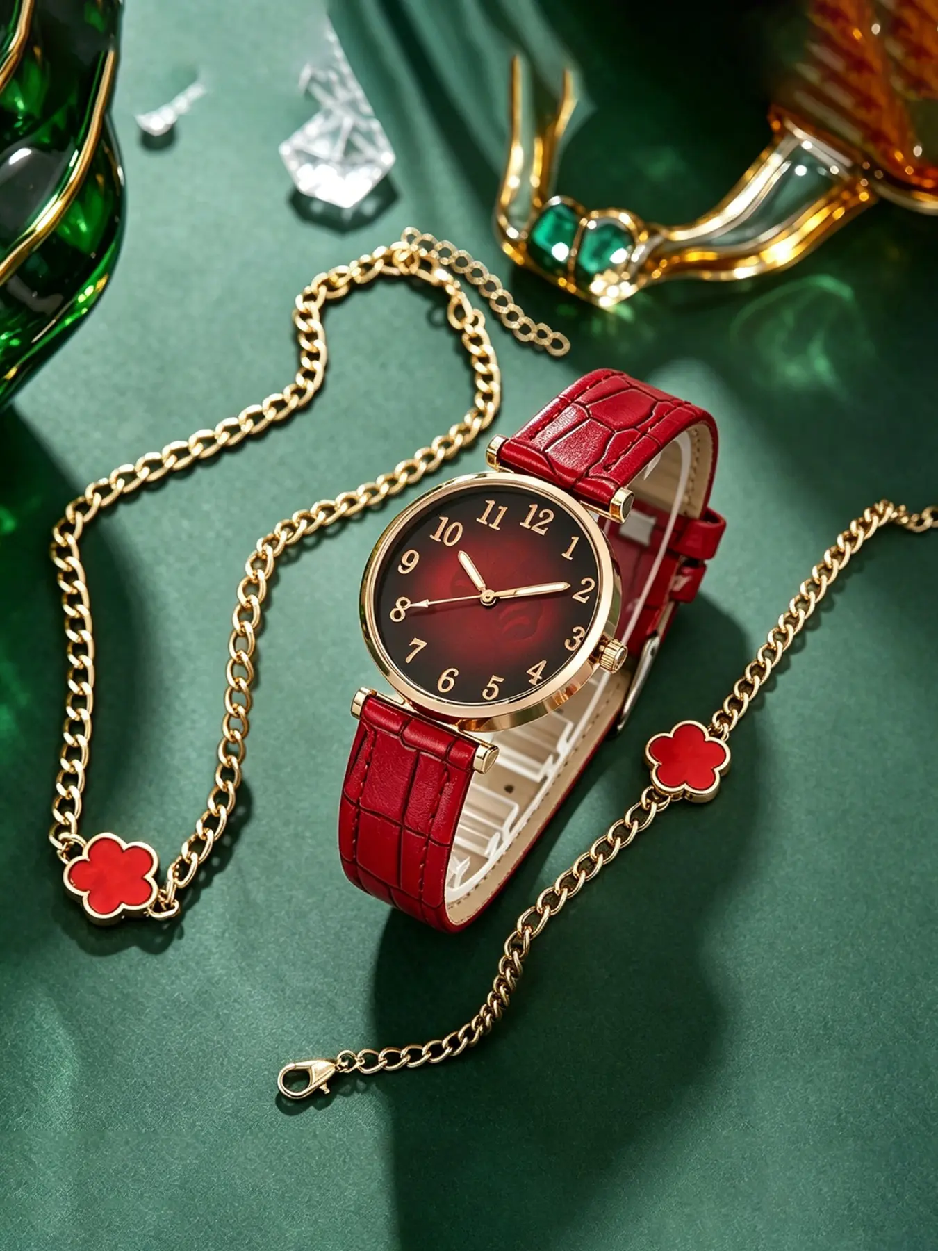 3pcs Elegant Vintage Dial Women's Watch Matching Jewelry Set, Crocodile Strap Quartz Watch + Clover Necklace Bracelet, Perfect Gift for All Occasions