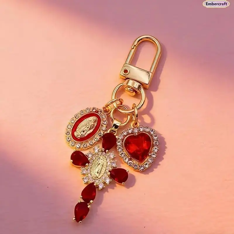Glamorous Baroque Cross Keychain with Rhinestones, Gold-Tone Religious Bag Charm for Christmas or Engagement Gift, Anniversary, Everyday, Cross Motif, Religious Charm
