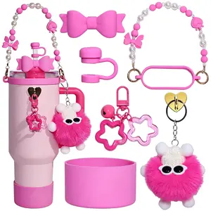 All in One 7 Piece Ice Crack Tumbler Accessory Set 16 mm Bow Cup Chain Food-Grade Heart Silicone Straw Topper Flower Chain Anti Slip Cup Sleeve Heart Tassel Hook Full Matching Decor Kit