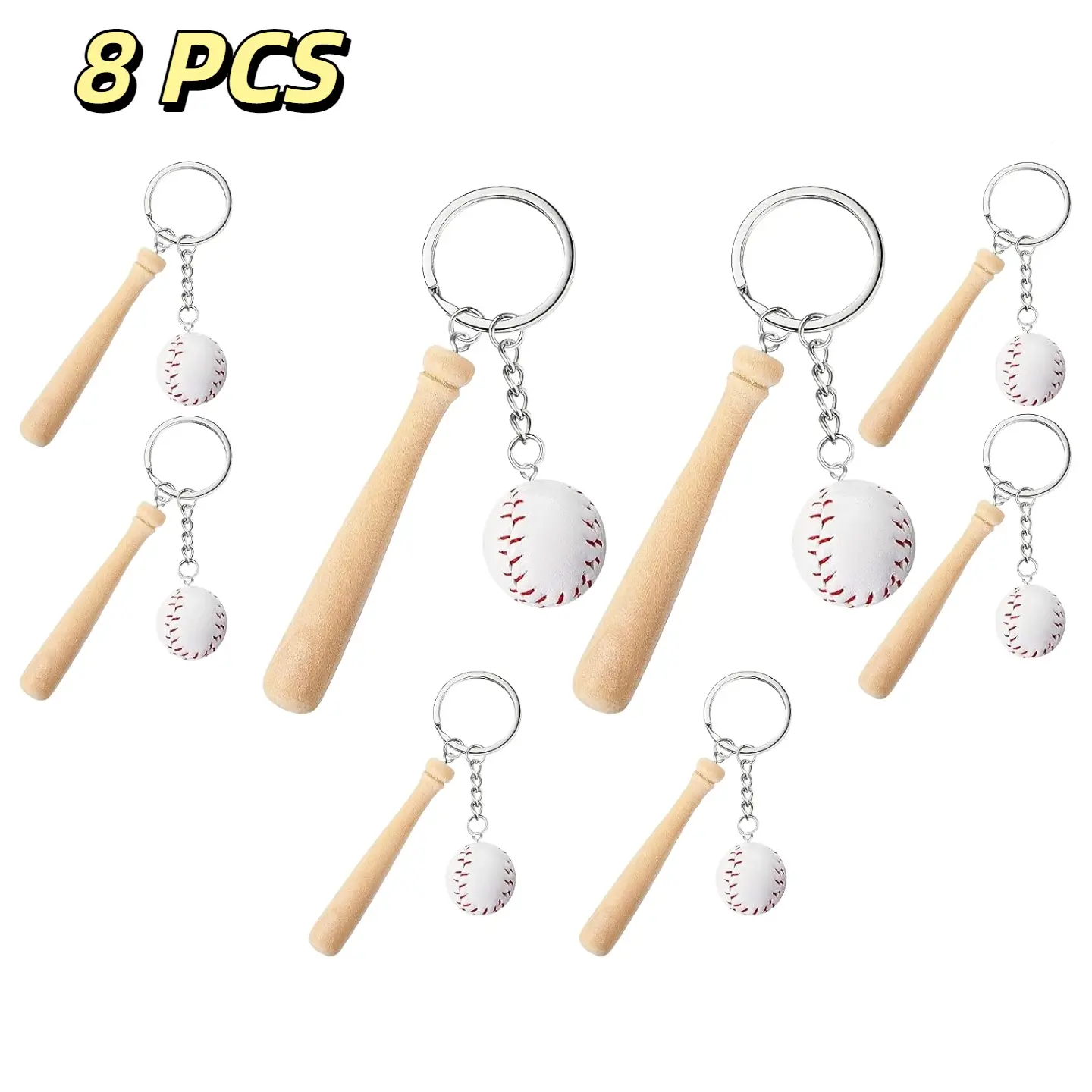 8pcs Mini Baseball Keychain with Wooden Bat for Sports Theme Party Team Souvenir Athletes Rewards Party Favors Women and Men