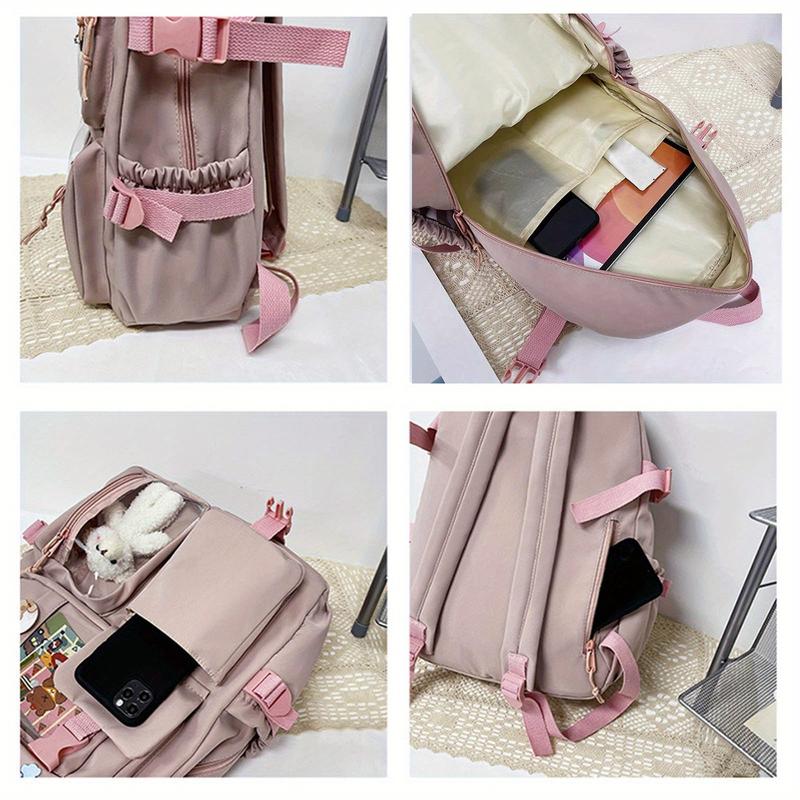 Kawaii backpack with pinned accessories plush pendant, cute aesthetic school backpack, women's large capacity laptop backpack