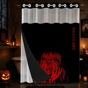 1Pc Hookless Double Layer Shower Curtain, Japanese Horror Bloody Girl Dark Red Black Manga Print, Waterproof Mildew Resistant Fabric, Halloween Bathroom Decor, Removable Snap Liner, Top See-Through Window, Fit for Apartment Rental Guest Bathroom RV