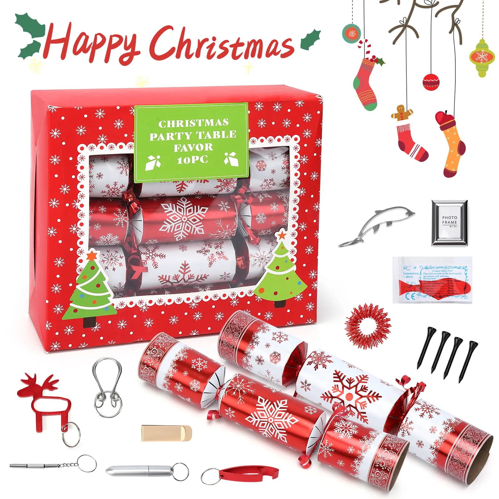 10/12 Pack Valentines Party Table Favor Non-Snap Red & White Snowflake Design, Valentines Day Gifts for Kids, Holiday Supplies for Kids Adults, Christmas Parties, Dinners and Holidays