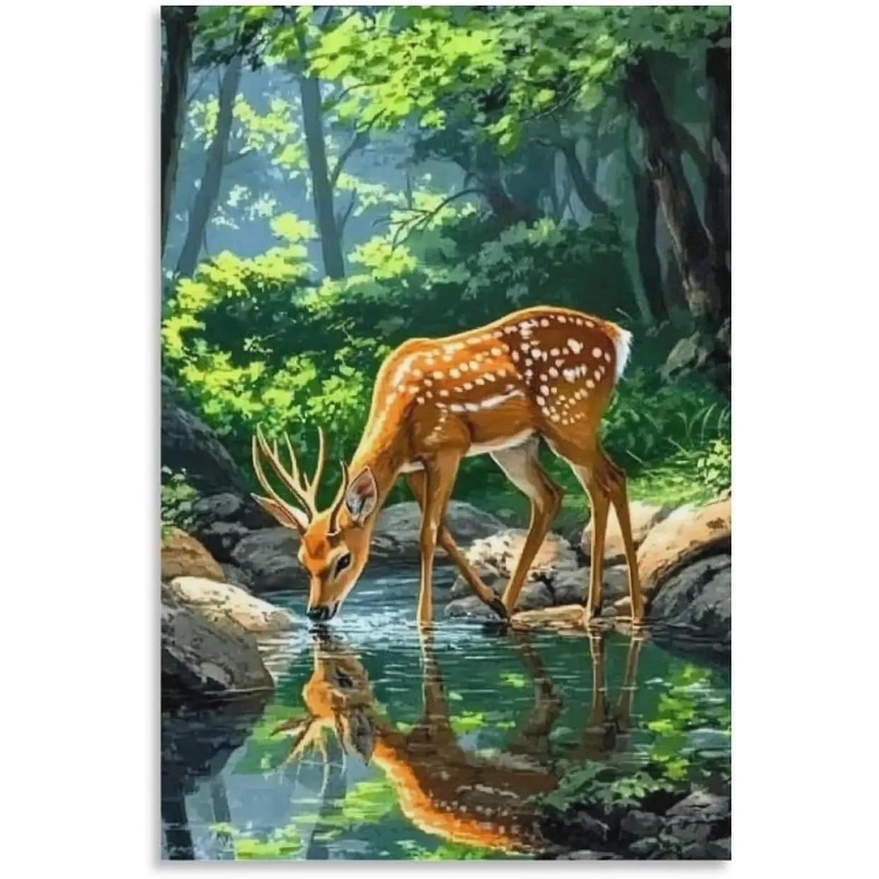 Sika Deer Forest Drinking Water Poster Canvas Wall Art Prints Posters for Room Aesthetic Bedroom Living Room Pictures Paintings Wall Decor for Mens Framed Unframed