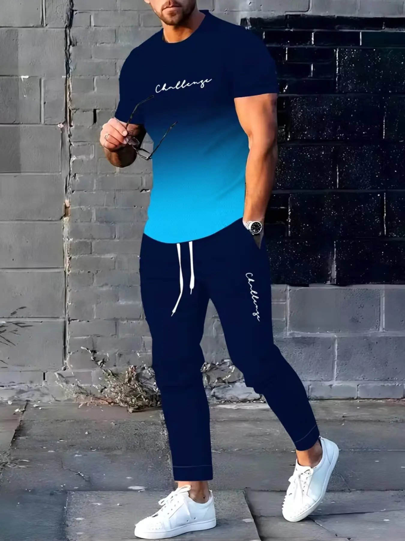 Men's Short Sleeve Long Pants Set, Elegant Casual Round Neck, Slight Stretch Knit 3D Print, Regular Fit Two-Piece Set, Patterned T-Shirt and Pants