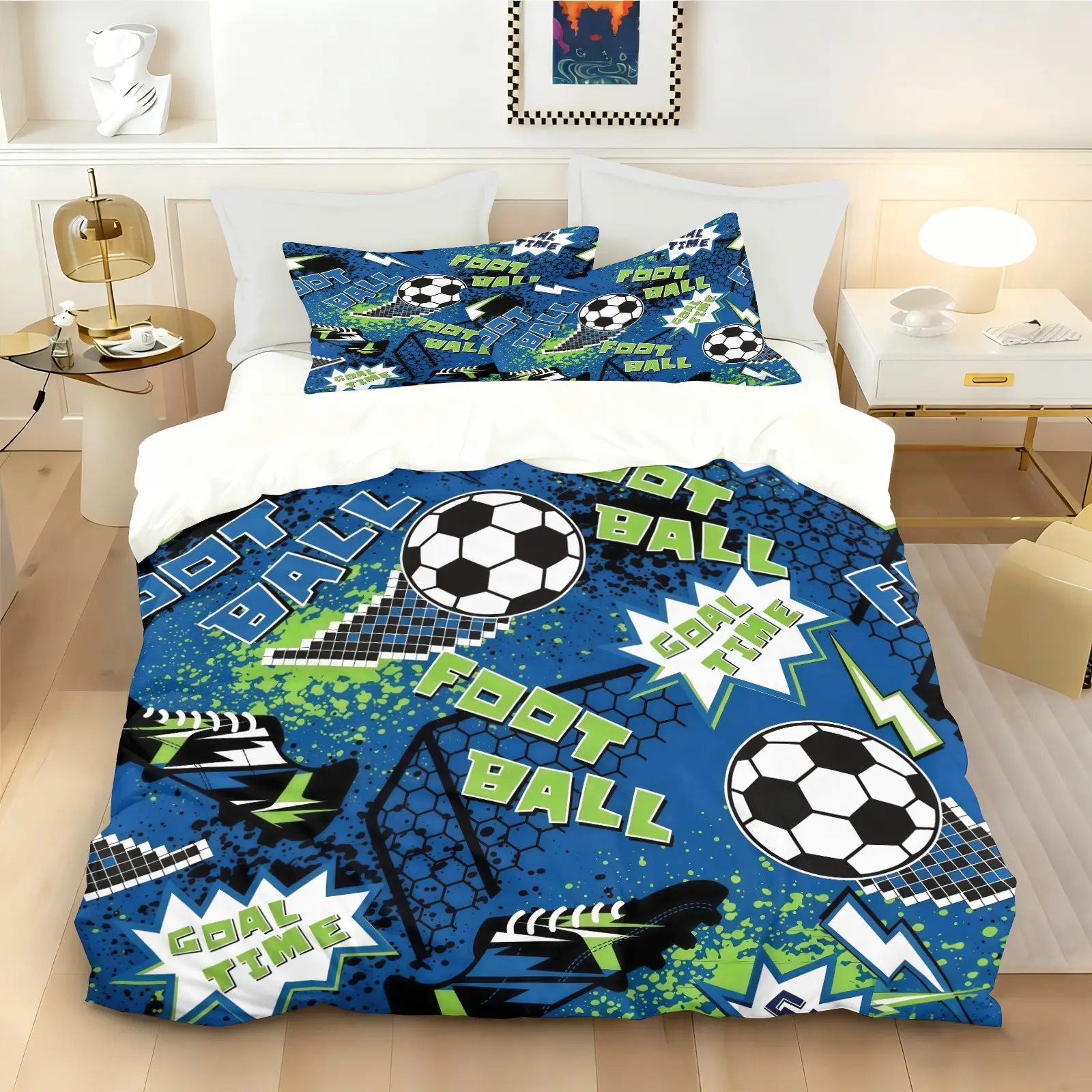 Football Pattern Duvet Cover Set, Sports Style Bedding Set (1 Duvet Cover + 1/2 Pillowcase, No Filler Included), Suitable For Teenagers And Adults, Bedroom, Dormitory, Guest Room Scene