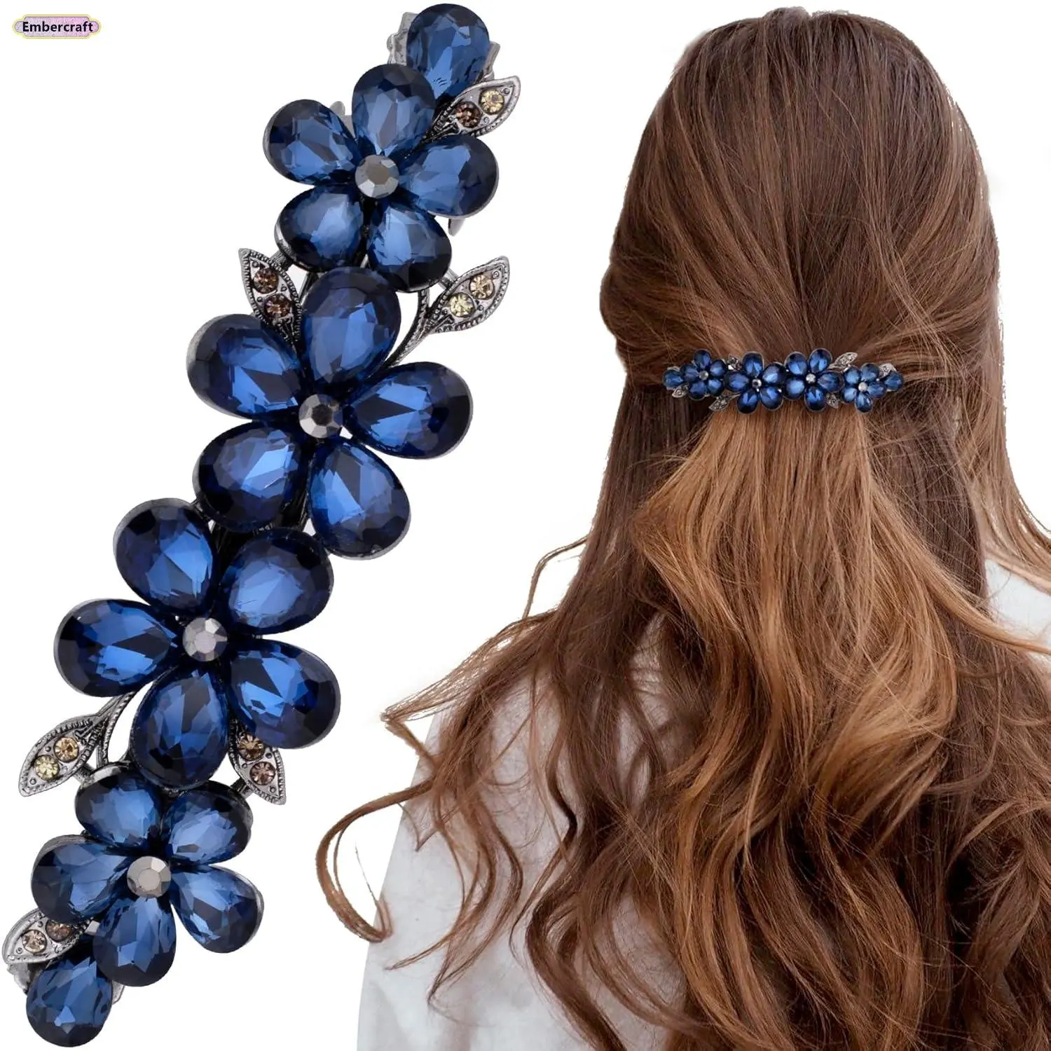 Women's Stone-Encrusted Blue Flower Hairpin - Bedazzled Crystal Hair Clip, Bride-Themed Bridal Accessory, Ideal Holiday Gift, Flower Claw Clip for Women, Flower Claw Clips, Crystal-Themed Hair Clips