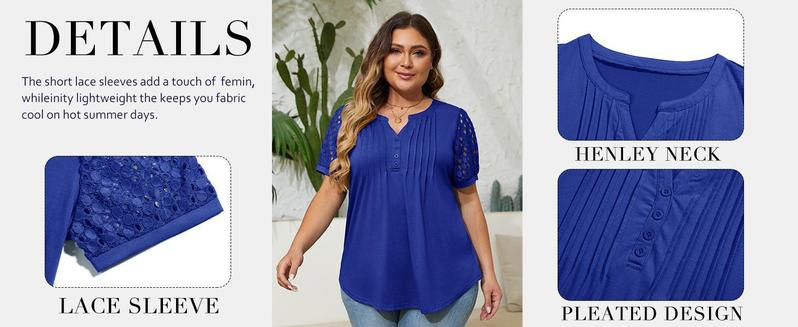 【L-4XL】Plus Size Curve imily bela curve Women's Plus Size Henley T Shirt Summer Lace Sleeve Tees Casual Pleated Flowy Tunic Tops