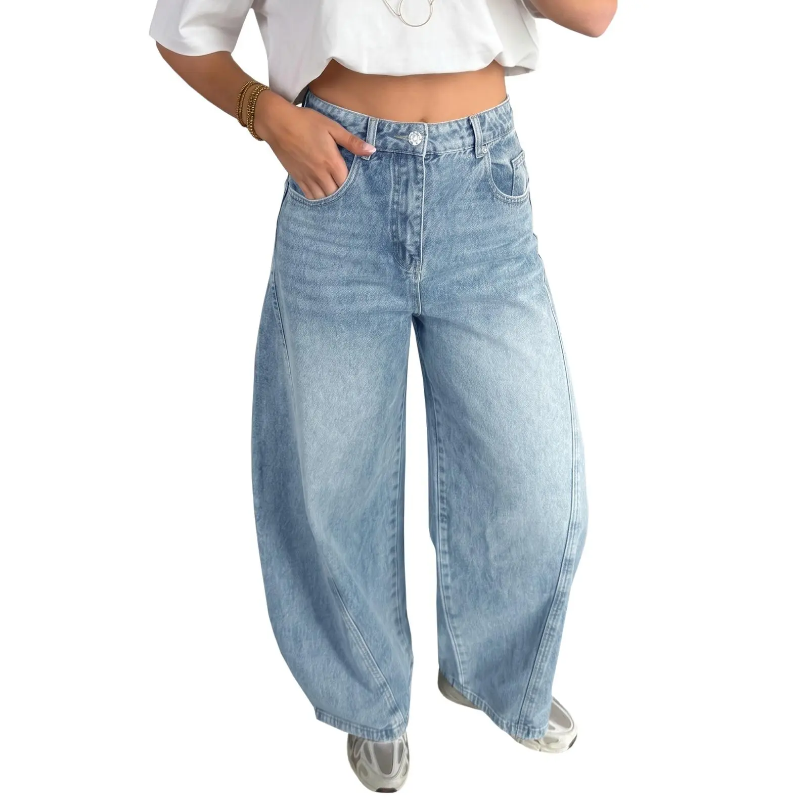 Flowyair Womens Barrel Jeans Casual Wide Leg Baggy Cropped Denim Pants | high waisted,capris,wide leg,barrel leg,pockets,vintage,Y2K,zipper fly,loose fit