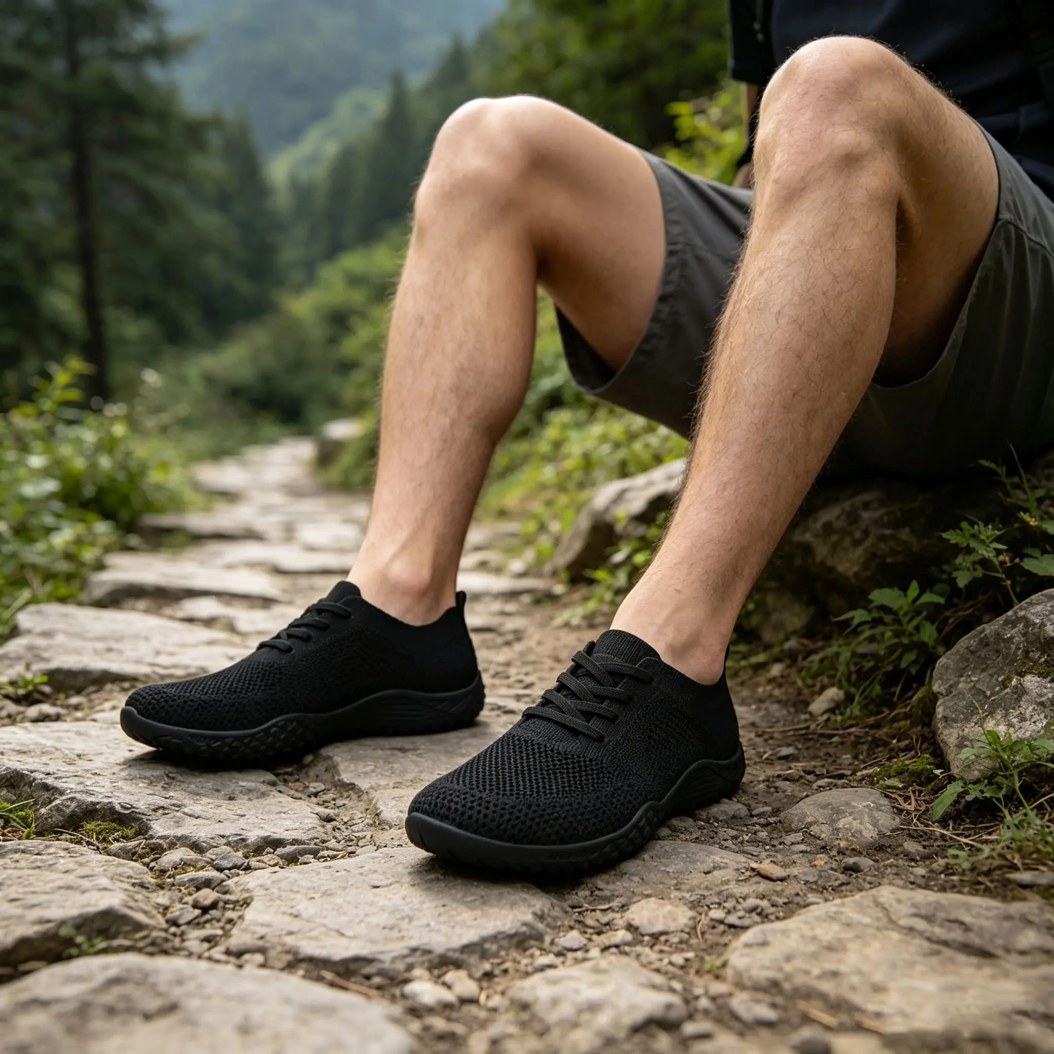 Women’s Black Knit Barefoot Look Training Shoes - Wide Toe Box, Lightweight EVA, Slip-Resistant Rubber Sole, Fabric Blend Weight Training Shoes for Hiking Gym