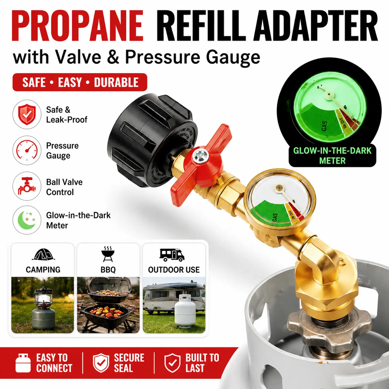 Propane Refill Adapter with Valve & Pressure Gauge, Gas Cylinder Filling Connector with Glow-in-the-Dark Meter, Ball Valve LPG Tank Refill Adapter, Propane Gas Refill Accessories for Camping, BBQ, Outdoor Use