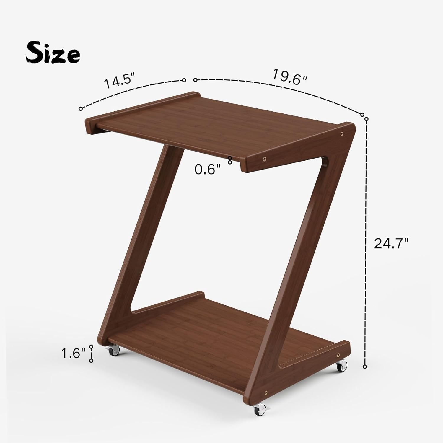 Solid   End Table with 2-Layer Storage Shelves, Small Rolling Side Table Beside Couch, Night Stand for Sofa, Coffee, Bedroom, Living Room (Z Shape, Walnut)