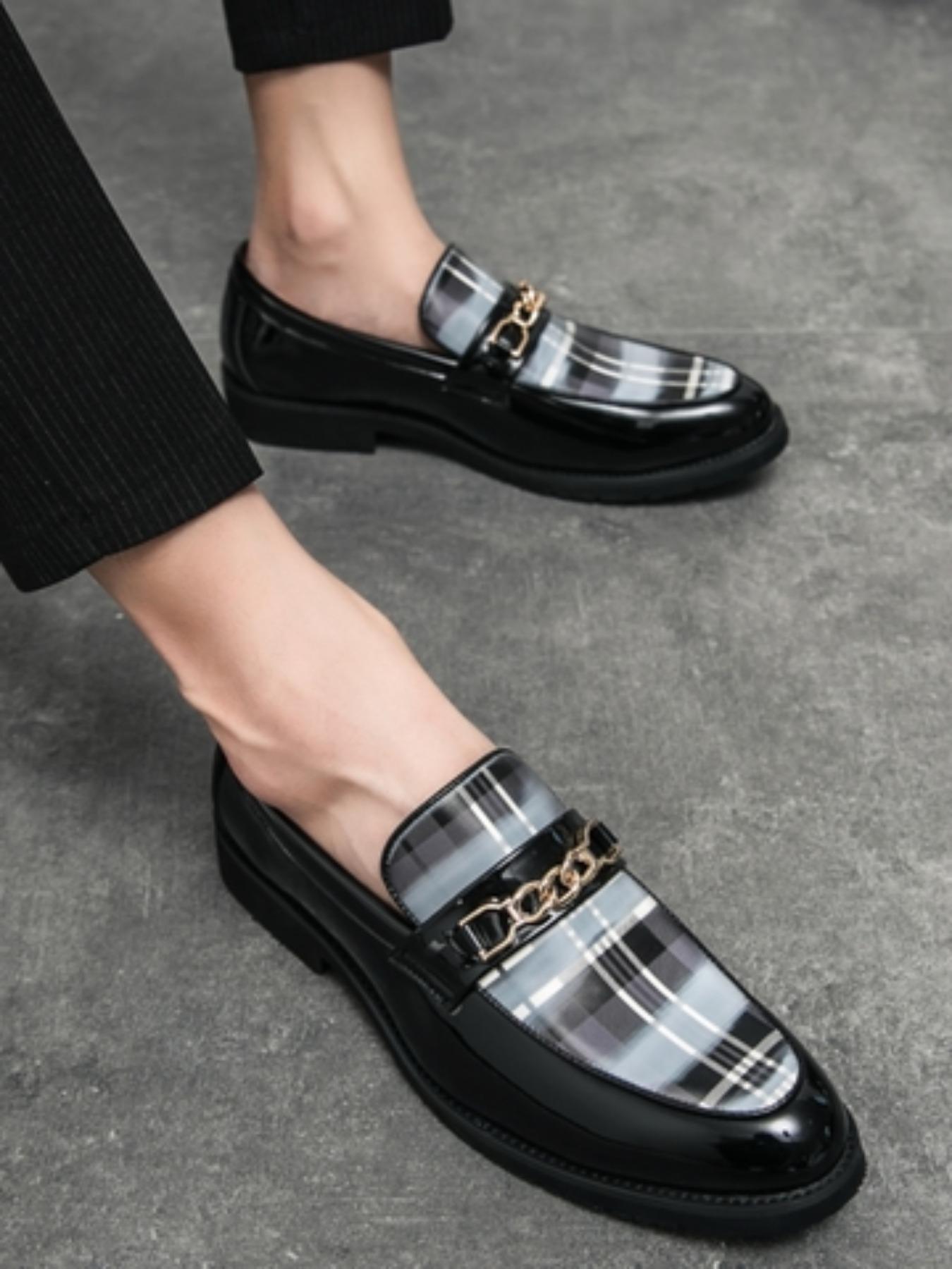 Men's Fashionable Tartan Pattern Chain Decor Loafers, Casual Comfortable Slip-on Shoes for Daily Wear, Fashion Shoes for Party, Daily Clothing Decor