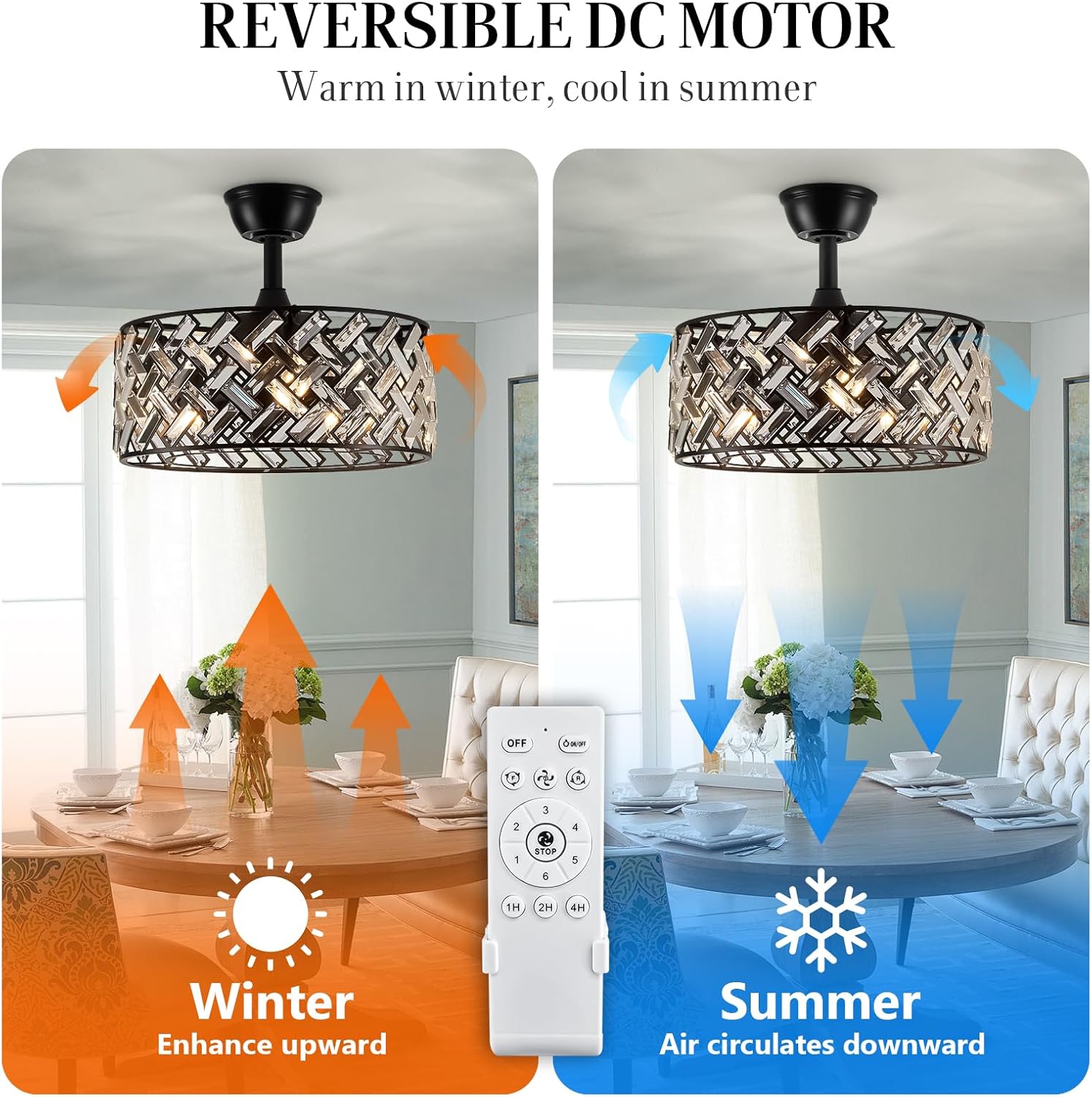 18'' Crystal Cage Ceiling Fan With Remote Control ,Quiet  Motor Fan Light ,, Indoor Crystal Chandelier Ceiling Fan For Bedroom, Living room, Dinning Room, Kids Room--Matte Black (bulbs not included.)