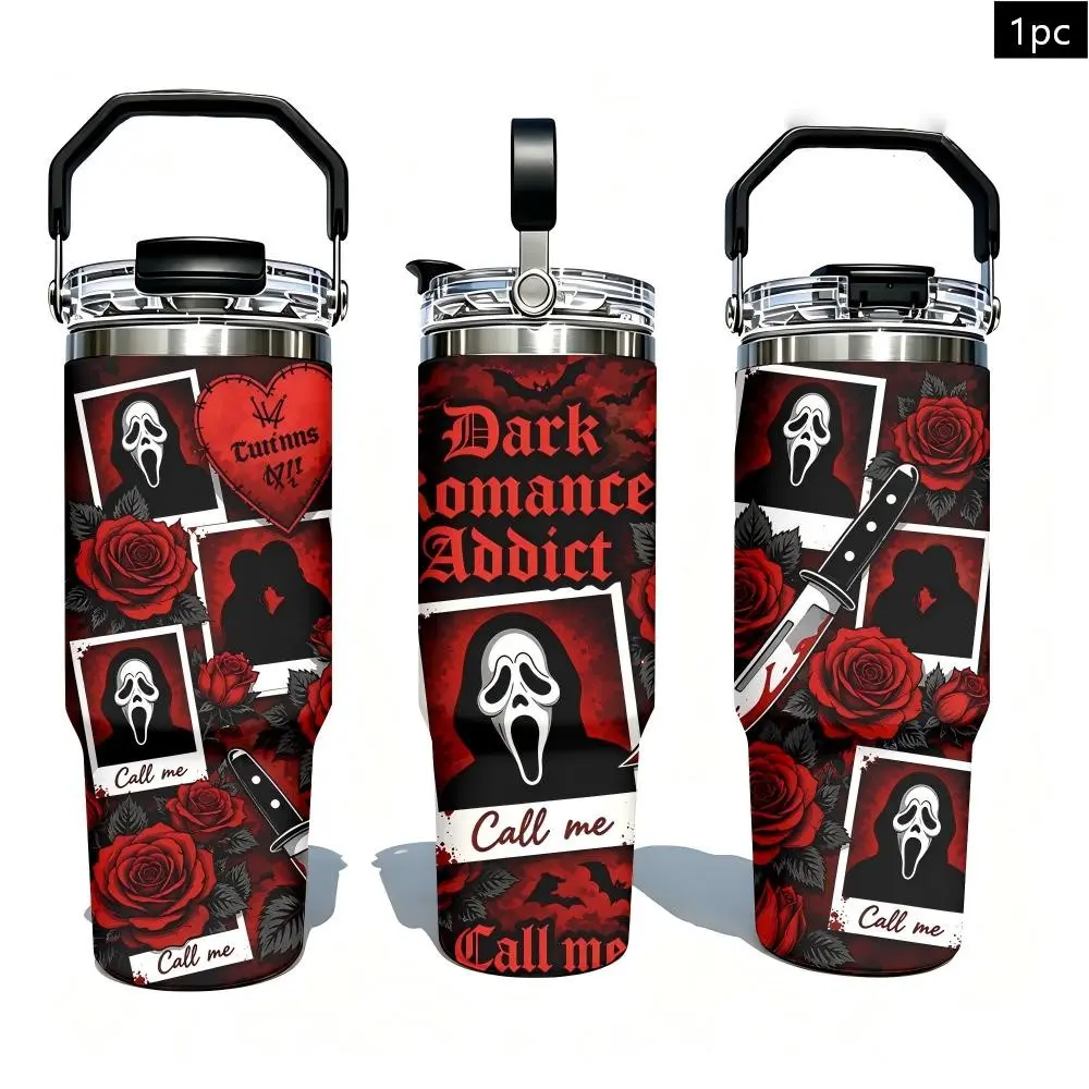 1PC 30oz Dark Romance Horror Mask Red Rose Knife Pattern Insulated Tumbler with Carry Handle & Leak-Proof Lid, Double Wall Vacuum Stainless Steel Travel Mug, Hot 12H Cold 24H, Large Capacity Cup for Men and Women, Halloween Gift