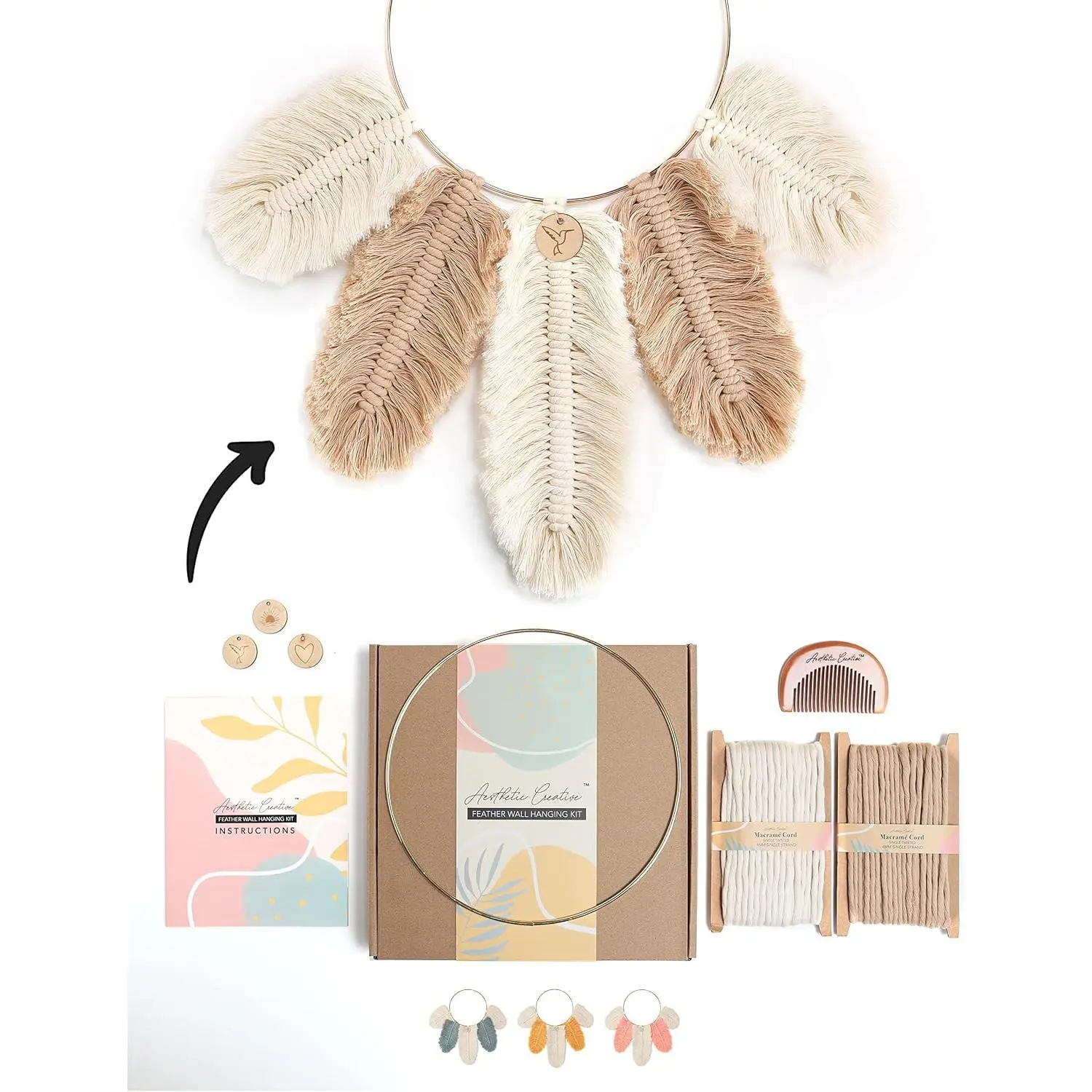 DIY Macrame Kit,  Dream Catcher Wall  Kits for Teens & Adult Beginners, Craft Supplies for Boho Art Project-Macrame Cord,  Hoop, Accessories & Instructions (Khaki)