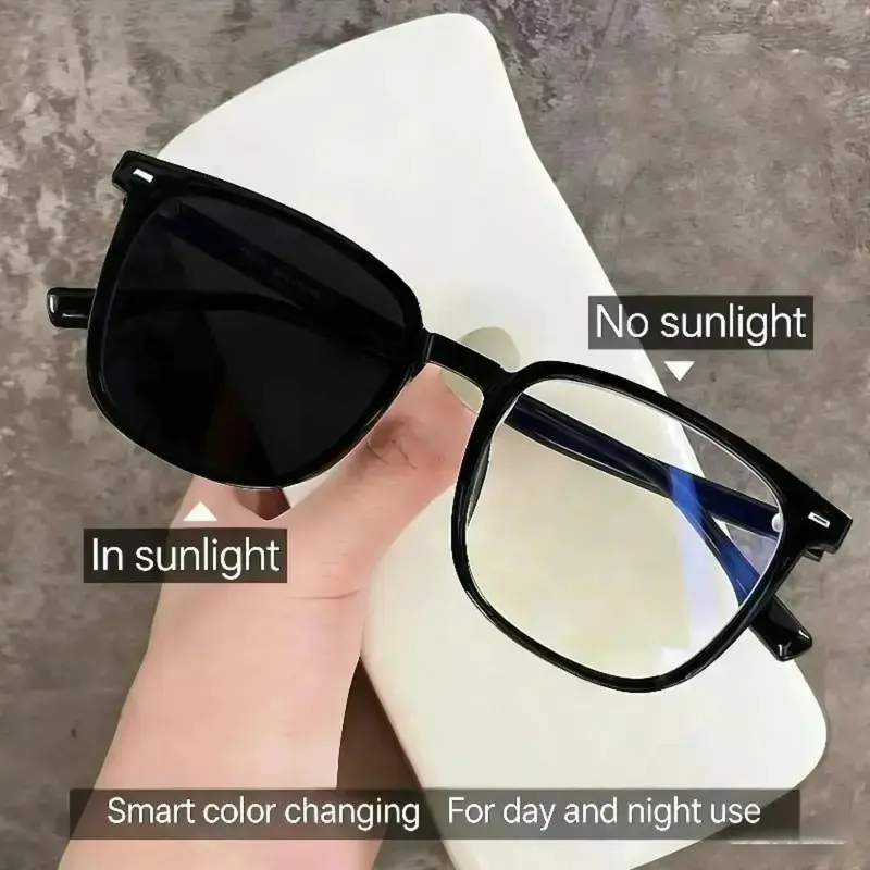New Trendy Photochromic Myopia Glasses – Square Thick Black Frame for Men & Women, Blue Light Blocking Prescription Eyewear with Slim Face Flattering Design for Daily & Outdoor Use